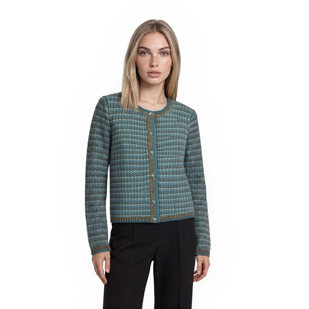 Talbots Cardigan Women's Size 2X Teal Brown Striped Wool Blend Button Front